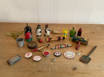 Vintage Miscellaneous Antique Smalls Lot Tin Toy Knick Knack Button Lighter Hohner