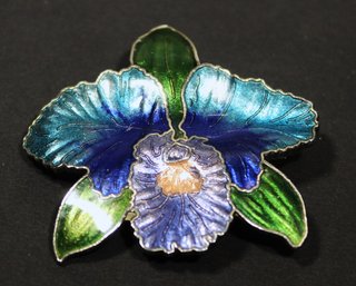 Large Cloisonne Enamel Orchid Brooch Multi Colored Beautiful