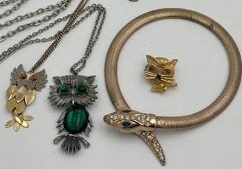 Vintage Estate Jewelry Lot- Owl Pendant Necklaces, Mesh Snake Crossover Necklace, Cat Brooch