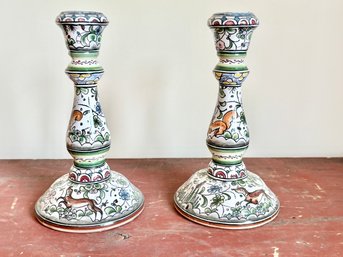 Pair Of Hand Painted Ceramic Candlesticks - Made In Portugal