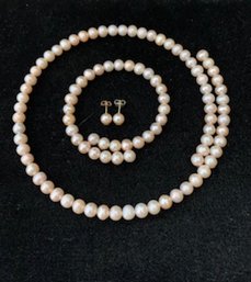 Set: Faux Pearl Necklace, Bracelet, And Earrings For Pierced Ears