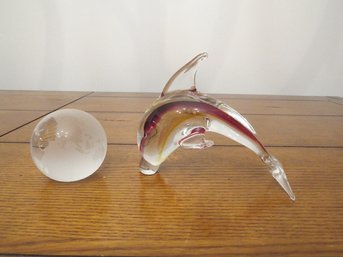Two Pieces Of Art Glass - Murano Style Porpoise Or Dolphin And Satin Etched World Globe Paperweight
