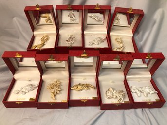 (2 Of 2) Group Lot Of Nine NAPIER Brooches / Pins - Retail Priced $225 Back In The 1990s - In Original Boxes