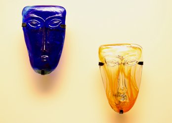 Set Of 2 Cobalt Blue And Fiery Orange Glass Mask Wall Mount Candle Holders