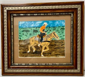 Small Painting On Canvas Cowboy On Horse - E C Sullivan - 14.25 X 16.25 - Western Theme - Modern Folk Art