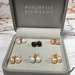 Set Of Six Pairs Genuine Cultured Baroque Multi Color Pearl Earrings With Gold Plated / Sterling Silver Mounts