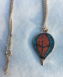 Mid Century Vintage Turquoise & Coral Chip Inlayed Sterling Silver Hot Air Balloon Pendant Necklace