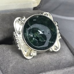 Lovely 925 / Sterling Silver Cocktail Ring With Natural Tibetan Dark Green Marble -  VERY Pretty Ring !