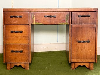 A Vintage 1940'S California Pine Desk With Southwestern Motif By Coronado