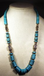 Fine Silver And Genuine Turquoise Beaded Necklace 26' Long