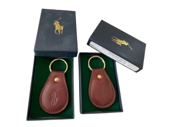 Lot Of 2 Polo Ralph Lauren Pony Brown Leather Pony Key Ring/Key Fob In Original Box