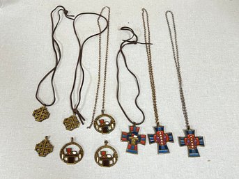 Group Of 9 Terra Sancta Guild Pendants, Some On Necklaces