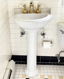 A Vintage Pedestal Sink And Brass And Porcelain Fittings - Perfect For Small Space!