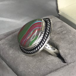 Very Unusual 925 / Sterling Silver & Rainbow Calsilica Ring - Teardrop Shaped - Silver Rope Trim Border