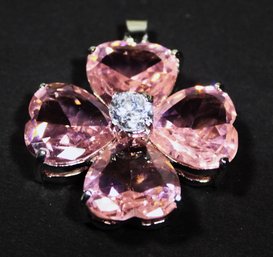 Larger Silver Tone Pendant Having Pink White CZ Stones