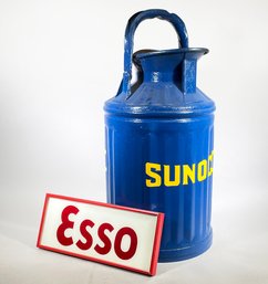 An Antique Glass Esso Pump Sign (Framed) And Restored Sunoco Oil Can