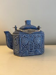 Sapphire Blue Glazed Japanese Teapot W/coiled Wire Handle