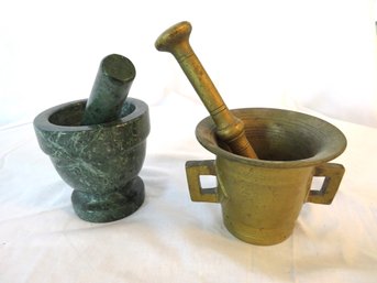 2 Mortar And Pestles Brass Pharmacy And Marble