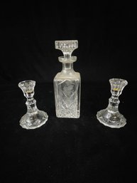 Glass Decanter And Candle Stick Holders