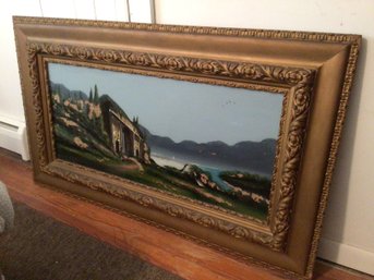 HUGE Painting On Early Glass Framed Art