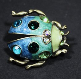 Vintage Gold Tone, Enamel And Rhinestone Bug Brooch Pin