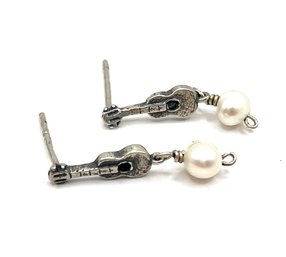 Vintage Sterling Silver Guitar White Beaded Dangle Earrings