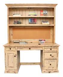 Rustic And Distress Cappuccino Cream Hutch Desk  With 2 Shelves, Cork Board, 1 Door, And Five Shelves