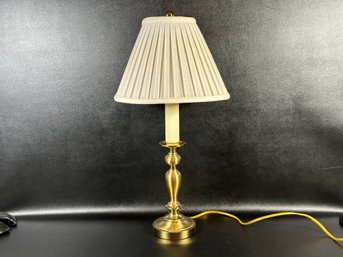 A Quality Vintage Brass Candlestick Lamp With A Pleated Bell Shade