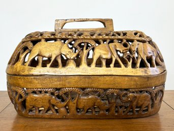 A Vintage Carved African Hard Wood Lidded Fruit Basket