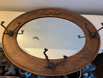 Antique Oval Beveled Edge Mirror, Oak Frame, 3 Double Coat Tree Hooks