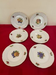 Set Of 6 Europa Fine Porcelain Plates 7.5in Made In Czechoslovakia Fruit Motif Basket Weave Edge Gold Trim