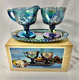 Vintage Iridescent Carnival Glass 0470 Sugar, Creamer, & Tray Set