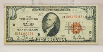 1929 $10 Bill Federal Reserve Bank Of New York Brown Seal