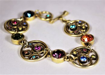 Signed Gold Tone Multi Colored Rhinestone Bracelet By Patricia Clarke