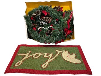 NWT Holiday Door Mat (tag On Back) & Length Of Garland With Pinecones & Lights