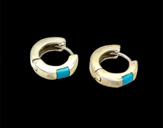 Vintage Sterling Silver Hinged Turquoise Hoop Earrings