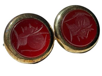 14 K Gold Vintage Carnelian Intaglio Earrings, Made In Italy