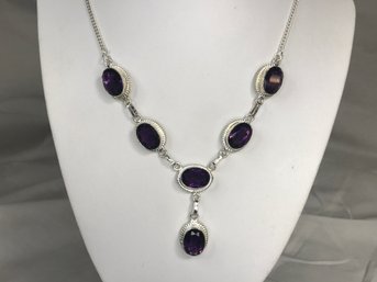Gorgeous 925 / Sterling Silver And Amethyst Cabochon Necklace - Very Elegant - Brand New - Never Worn