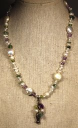 Genuine Pearl, Gemstone Sterling Silver Beaded Necklace W Fish Pendant 16'