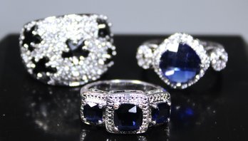 Lot Of Three Blue White Gemstone Silver Tone Ladies Rings