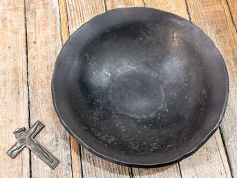 A Primitive Wood Holy Water Bowl And Brass Crucufix