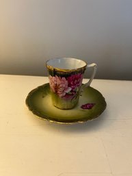Vintage Rose Cups And Saucers (2) Green, Gold Detail