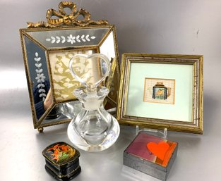 Mirrored Photo Frame, Boxes, Petit Point Frame & Orrefors Perfume