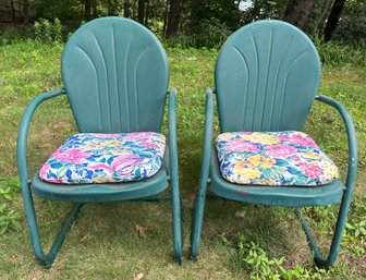 Pair Of Green Vintage Outdoor Metal Chairs With Floral Cushions