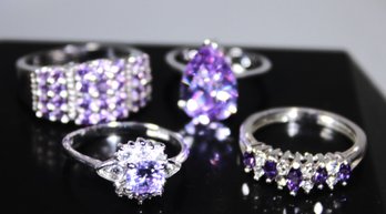 Lot Of Four Fine Amethyst Silver Tone Ladies Rings Beautiful Purple Color