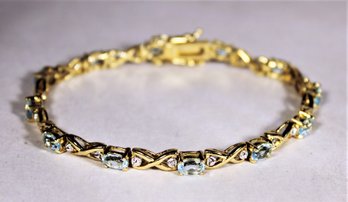 Gold Tone Link Bracelet Aqua Colored Stone Bracelet