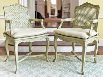 A Pair Of Vintage Cane Seated Fauteuils With Custom Cushions - Beautifully Custom Painted