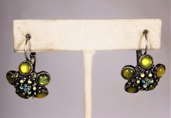 Pair Silver Tone Rhinestone Pierced Earrings Multi Colored Stones