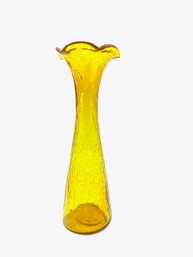 Vintage Hand-blown Yellow Crackle Glass Ruffle Top Bud Vase