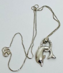 STERLING SILVER DOLPHIN JUMPING THROUGH CRYSTAL HOOP NECKLACE